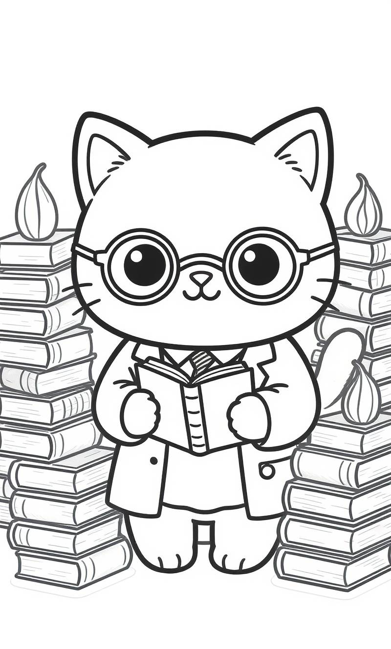 Página para colorear en blanco y negro de un gato con gafas redondas y un abrigo, leyendo un libro entre dos altas pilas de libros rematadas con formas de hojas.