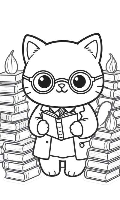 Página para colorear en blanco y negro de un gato con gafas redondas y un abrigo, leyendo un libro entre dos altas pilas de libros rematadas con formas de hojas.