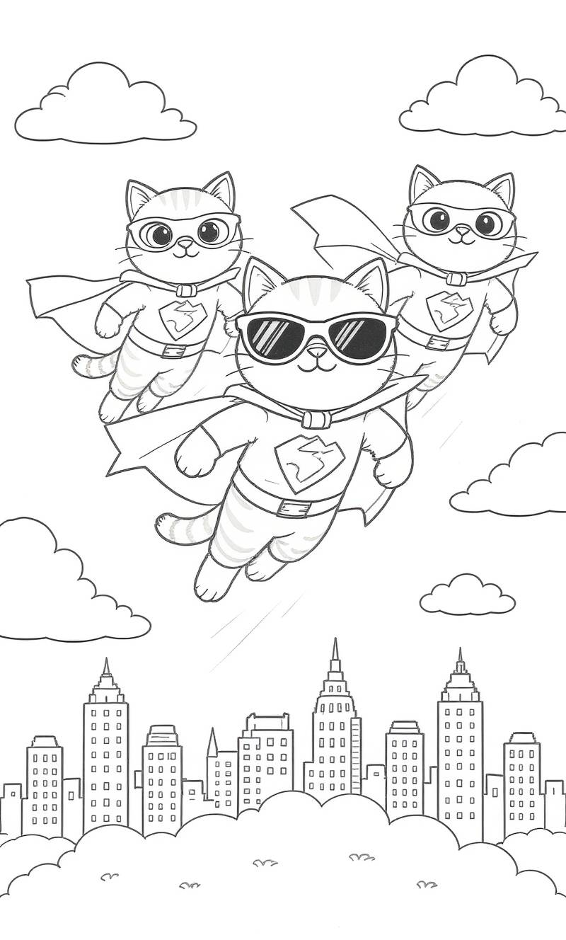Tres gatos con capas y máscaras de superhéroe volando sobre el horizonte de la ciudad con nubes.