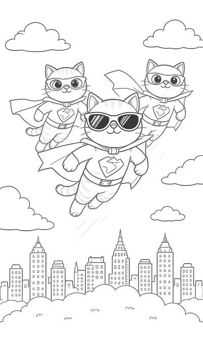 Tres gatos con capas y máscaras de superhéroe volando sobre el horizonte de la ciudad con nubes.