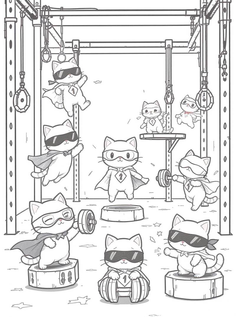 Página para colorear en blanco y negro de gatitos juguetones con máscaras y capas mientras levantan pesas, se balancean en anillas y hacen gimnasia en barras.