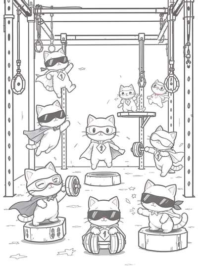 Página para colorear en blanco y negro de gatitos juguetones con máscaras y capas mientras levantan pesas, se balancean en anillas y hacen gimnasia en barras.
