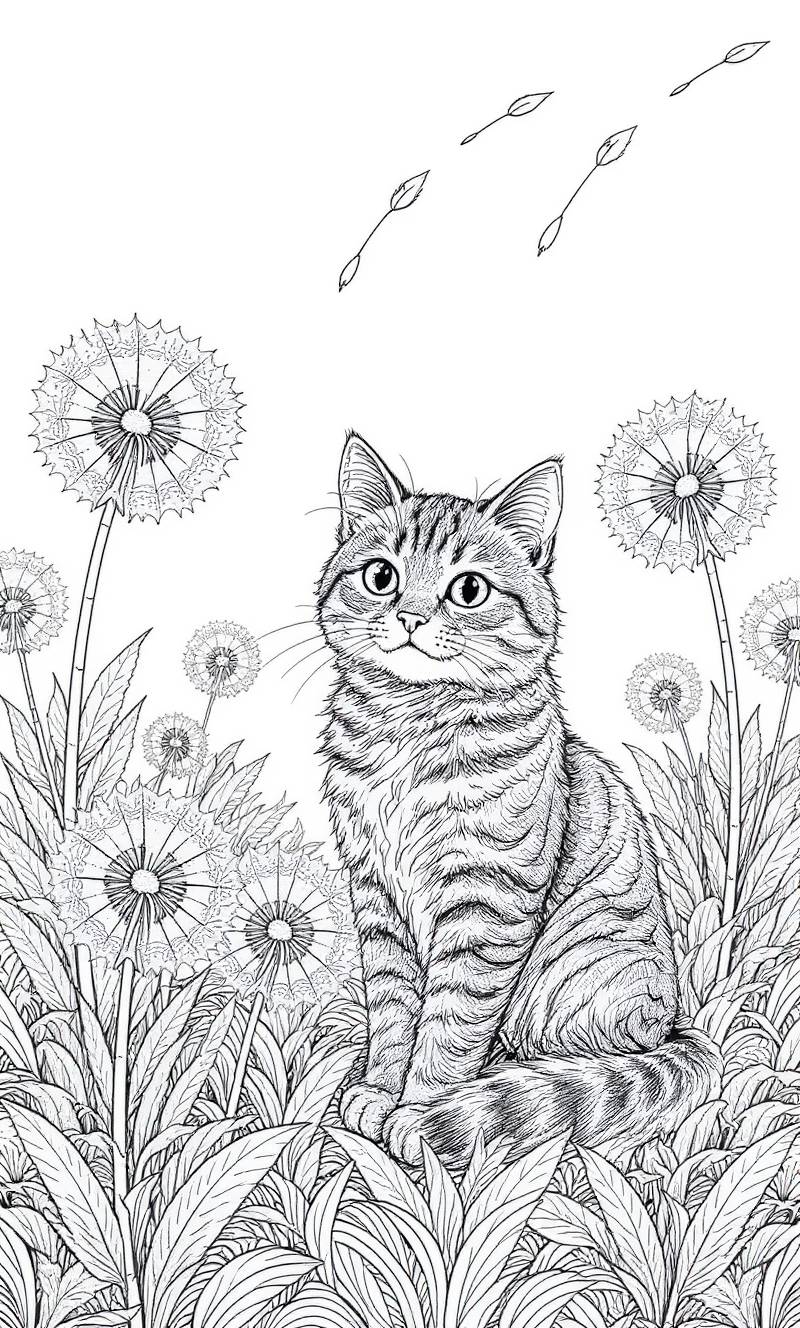 Arte lineal de un gato atigrado sentado entre flores de diente de león y hierba, con semillas flotando en el aire.