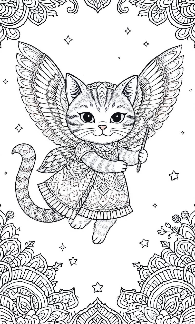 Página para colorear en blanco y negro de un gato con alas emplumadas que lleva un vestido estampado y sostiene una varita con punta de estrella, rodeado de estrellas y bordes de mandalas florales.