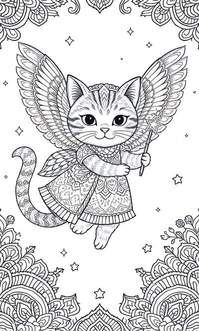 Página para colorear en blanco y negro de un gato con alas emplumadas que lleva un vestido estampado y sostiene una varita con punta de estrella, rodeado de estrellas y bordes de mandalas florales.