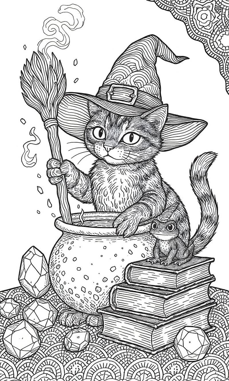 Dibujo lineal en blanco y negro de un gato con sombrero de bruja removiendo un caldero burbujeante, rodeado de libros de hechizos, gemas y un pequeño familiar rana.