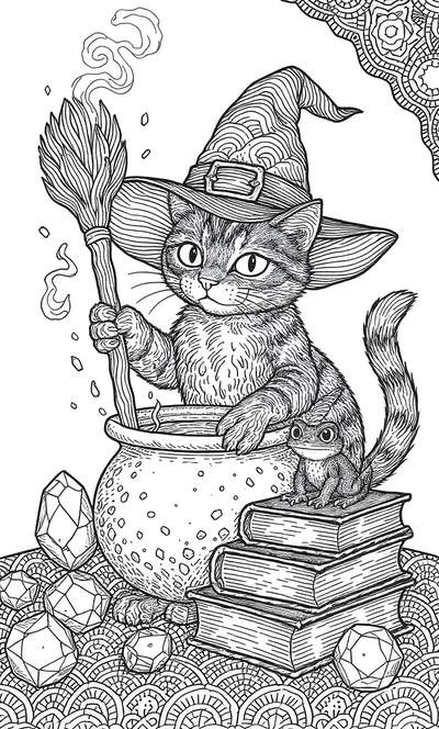 Dibujo lineal en blanco y negro de un gato con sombrero de bruja removiendo un caldero burbujeante, rodeado de libros de hechizos, gemas y un pequeño familiar rana.