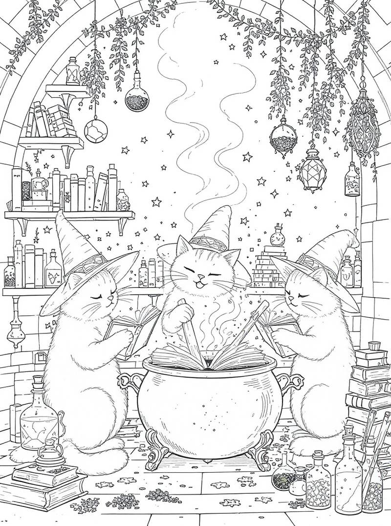 Ilustración lineal en blanco y negro de tres gatos con sombreros de mago alrededor de un caldero humeante, leyendo libros de hechizos en una habitación llena de pociones, libros y plantas colgantes.