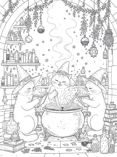 Ilustración lineal en blanco y negro de tres gatos con sombreros de mago alrededor de un caldero humeante, leyendo libros de hechizos en una habitación llena de pociones, libros y plantas colgantes.
