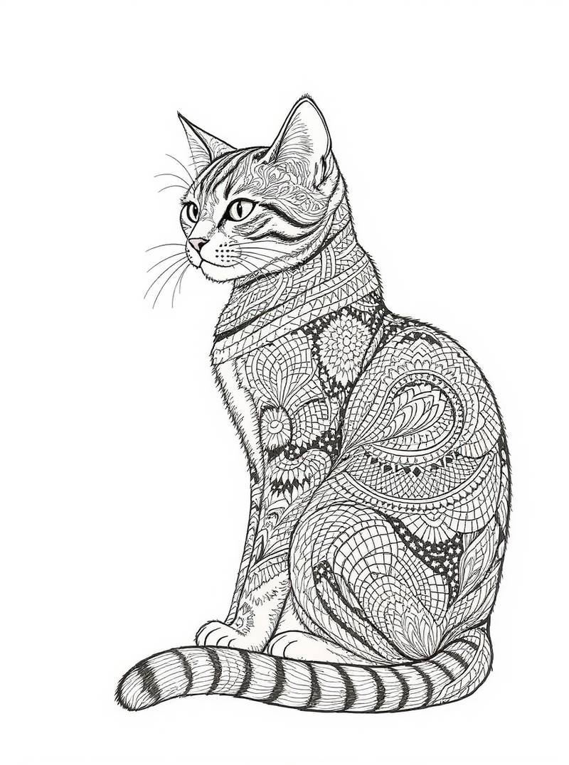 Arte lineal en blanco y negro de un gato sentado, lleno de intrincados patrones zentangle y mandala, listo para colorear.