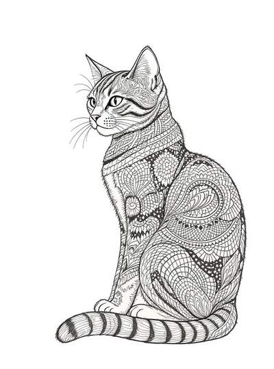 Arte lineal en blanco y negro de un gato sentado, lleno de intrincados patrones zentangle y mandala, listo para colorear.