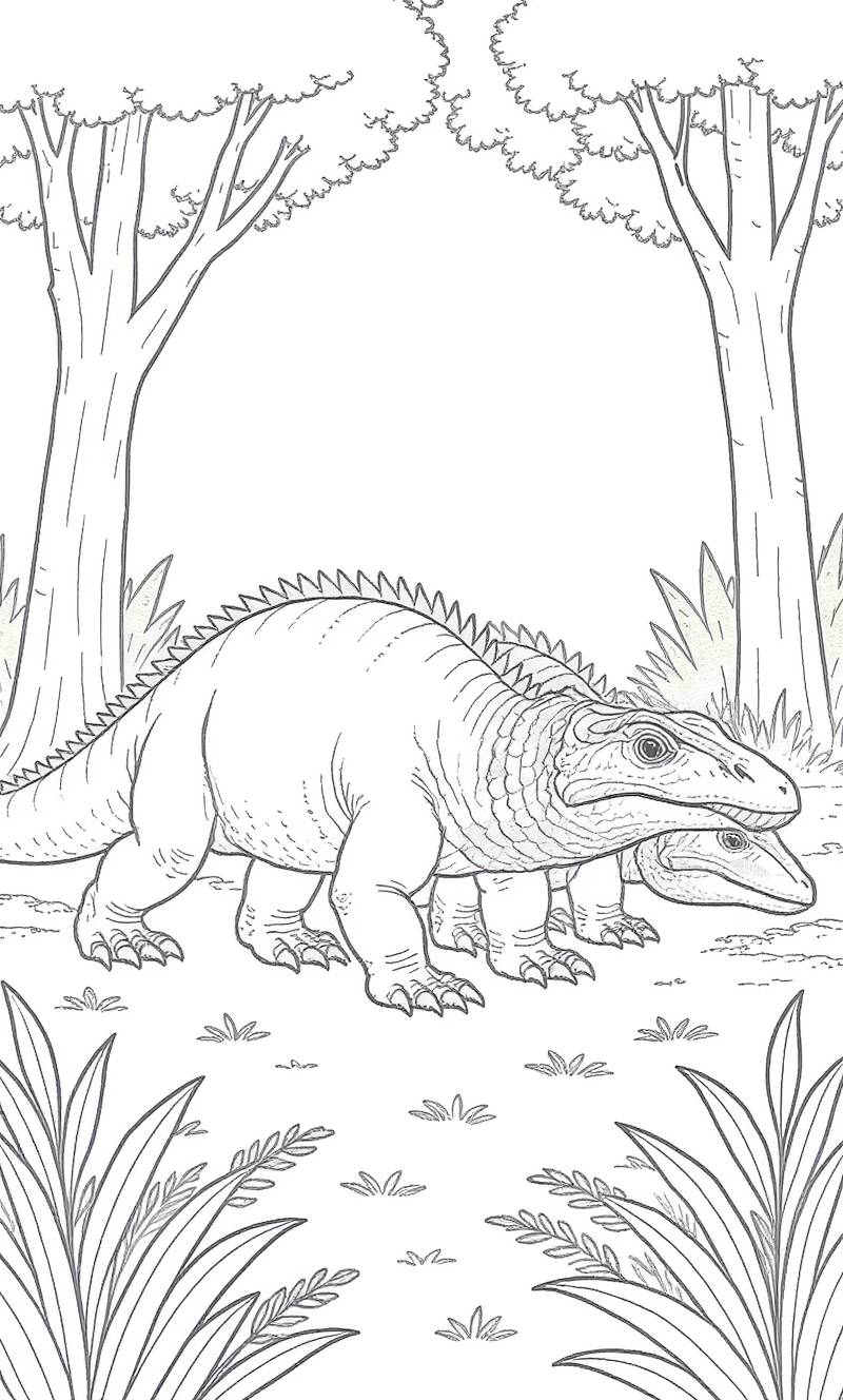 Dibujo lineal en blanco y negro de dos criaturas prehistóricas parecidas a reptiles, una al lado de la otra en un claro del bosque con árboles y follaje.
