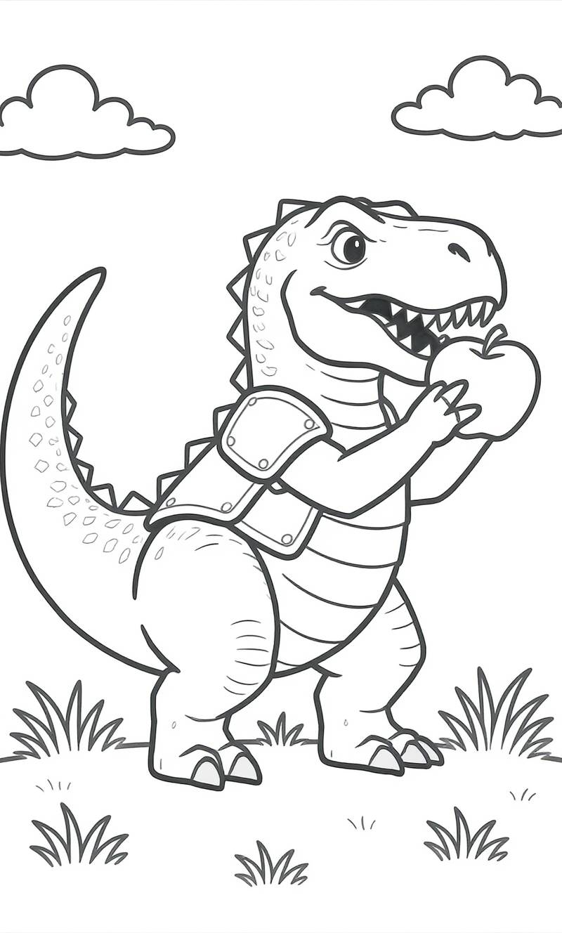 Contorno en blanco y negro de un dinosaurio sonriente con armadura y sosteniendo una manzana sobre un terreno de hierba, con nubes en el cielo.