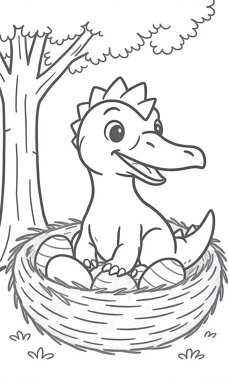 Un bebé dinosaurio feliz sentado en un nido lleno de huevos bajo un árbol.