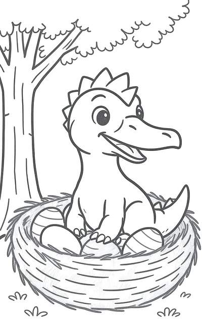 Un bebé dinosaurio feliz sentado en un nido lleno de huevos bajo un árbol.