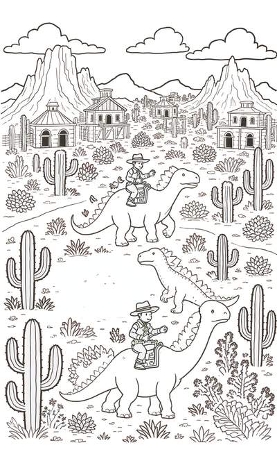 Dibujo lineal de vaqueros montando dinosaurios a través de un paisaje desértico salpicado de cactus, con edificios del viejo oeste y montañas lejanas.