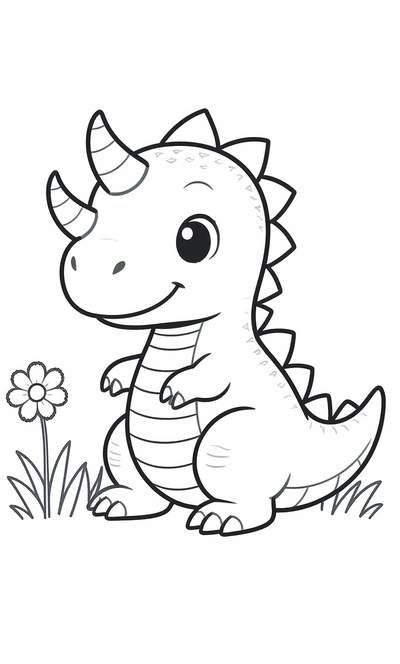 Dibujo lineal de un bebé dinosaurio sonriente con dos cuernos y espinas en la espalda, de pie junto a una sola flor y hierba.