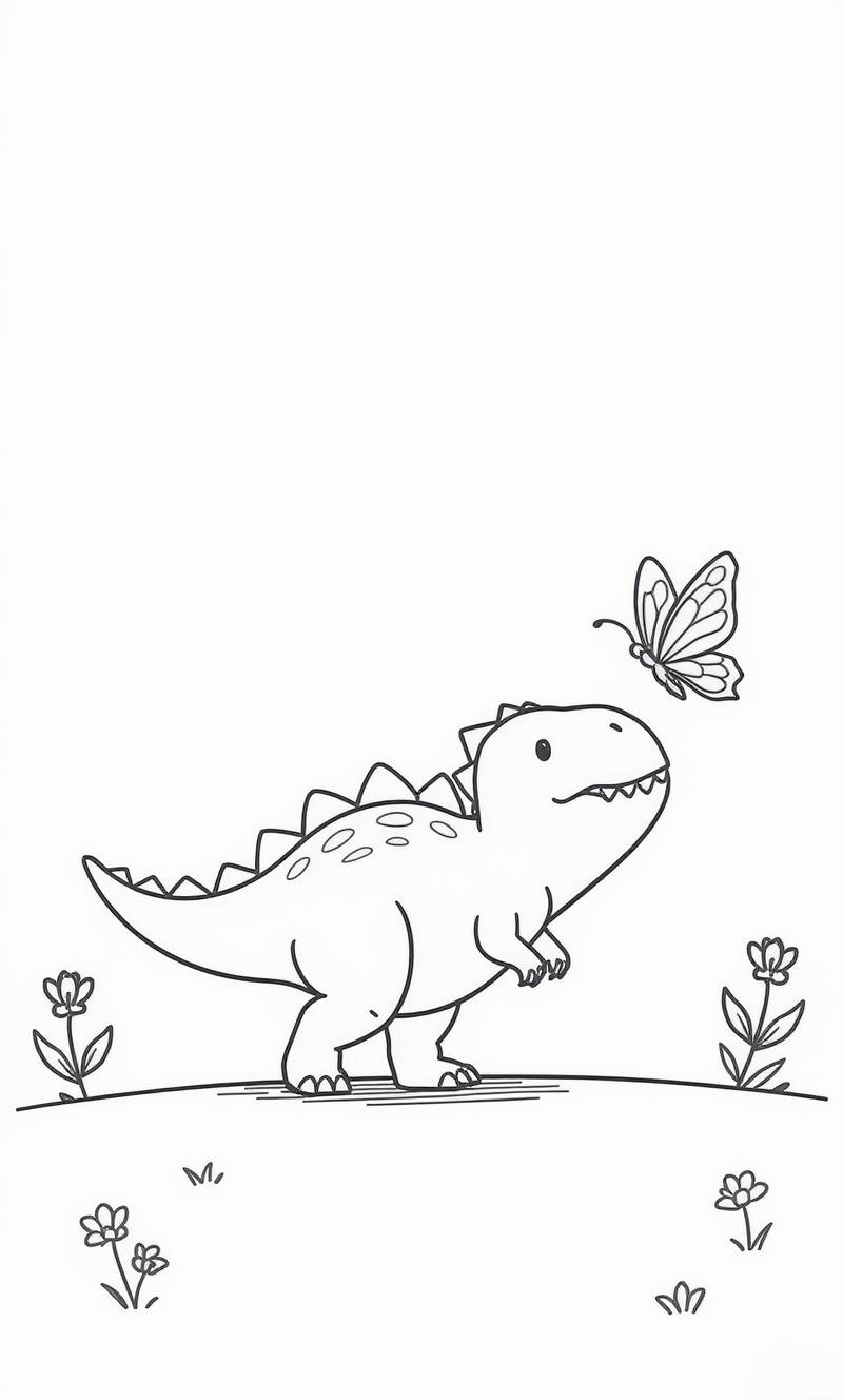 Contorno de un pequeño dinosaurio espinoso mirando hacia una mariposa, con flores alrededor en el suelo.