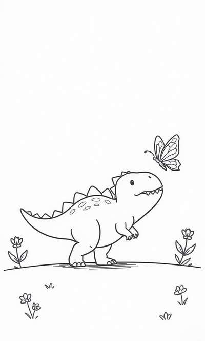 Contorno de un pequeño dinosaurio espinoso mirando hacia una mariposa, con flores alrededor en el suelo.