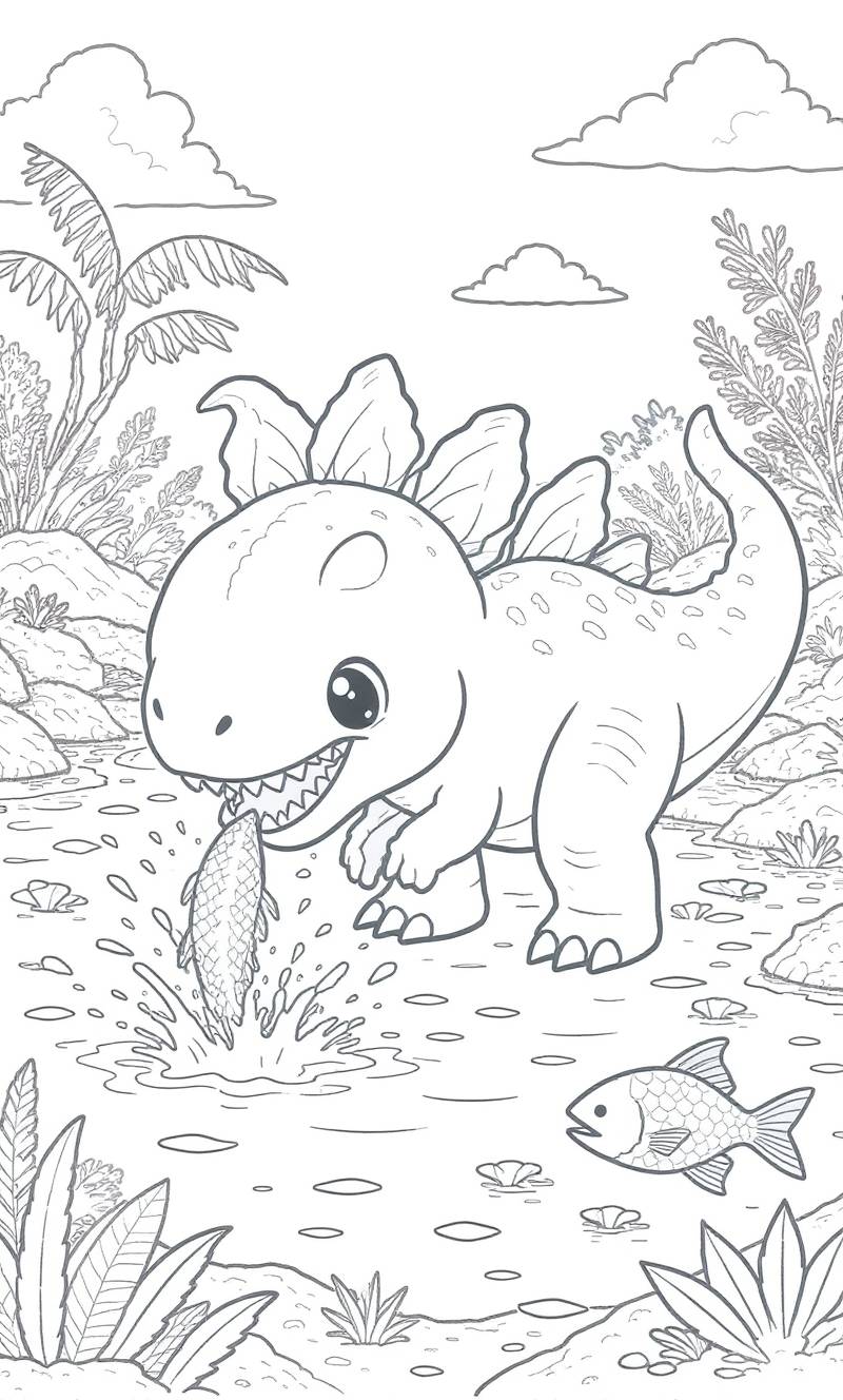 Página para colorear en blanco y negro de un simpático dinosaurio parecido a un estegosaurio agarrando un pez de un estanque entre plantas y rocas prehistóricas.