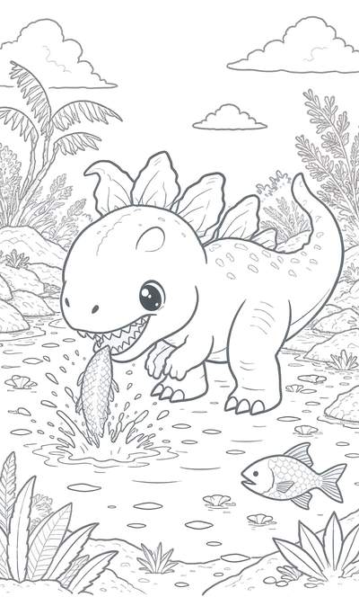 Página para colorear en blanco y negro de un simpático dinosaurio parecido a un estegosaurio agarrando un pez de un estanque entre plantas y rocas prehistóricas.