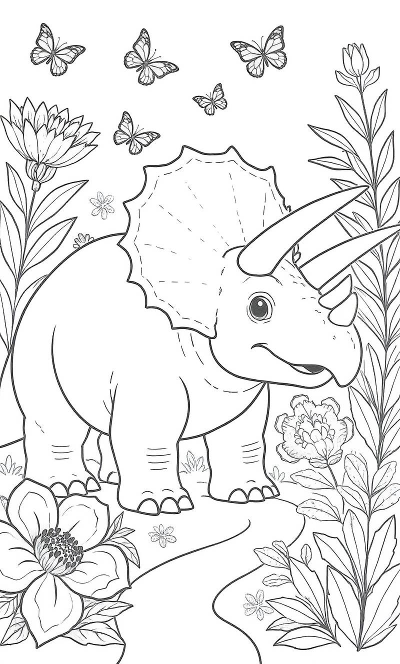 Arte lineal de un triceratops sonriente entre flores y plantas con mariposas volando sobre su cabeza.