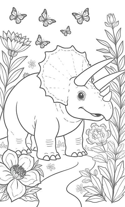 Arte lineal de un triceratops sonriente entre flores y plantas con mariposas volando sobre su cabeza.