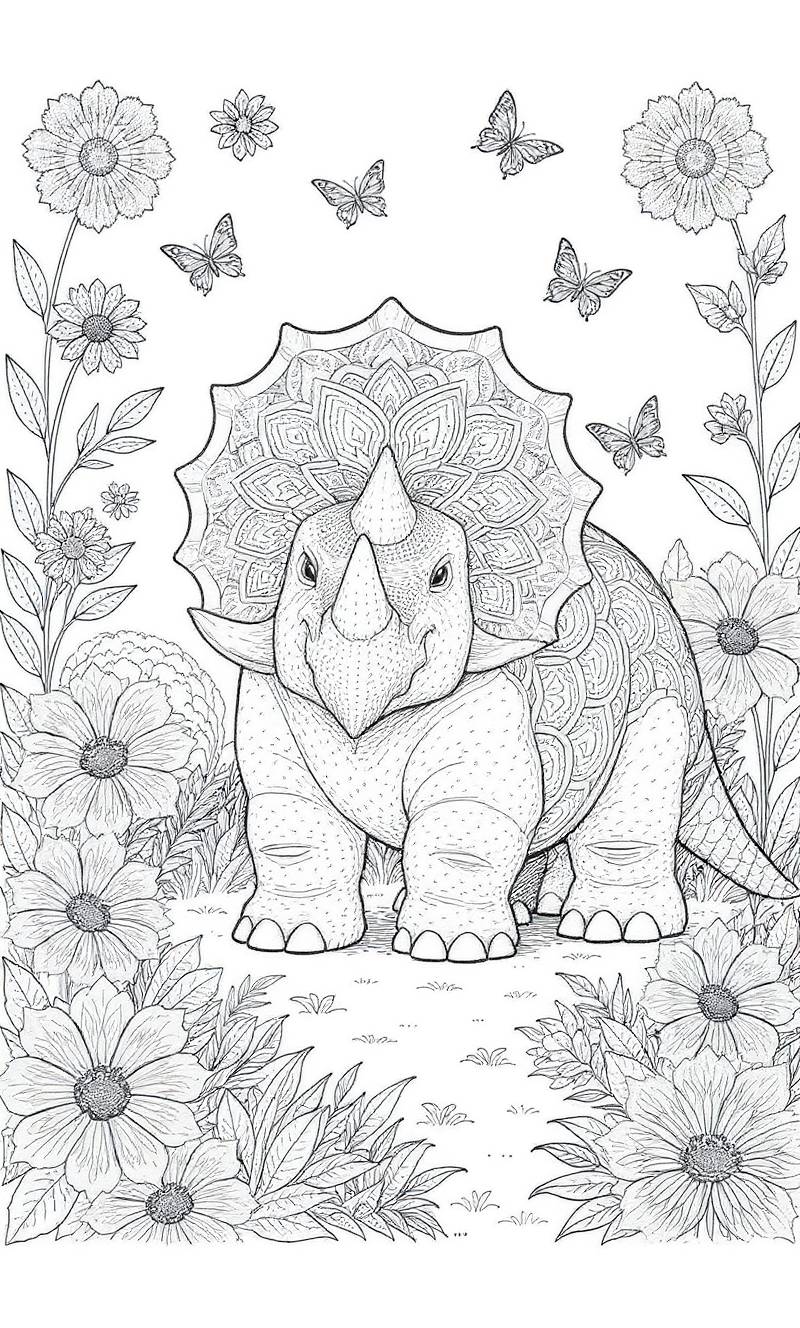 Página para colorear en blanco y negro de un triceratops estilizado con una gola ornamentada, rodeado de flores y mariposas volando.