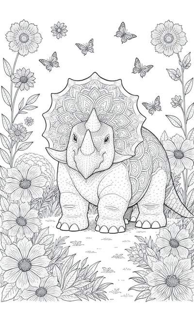 Página para colorear en blanco y negro de un triceratops estilizado con una gola ornamentada, rodeado de flores y mariposas volando.