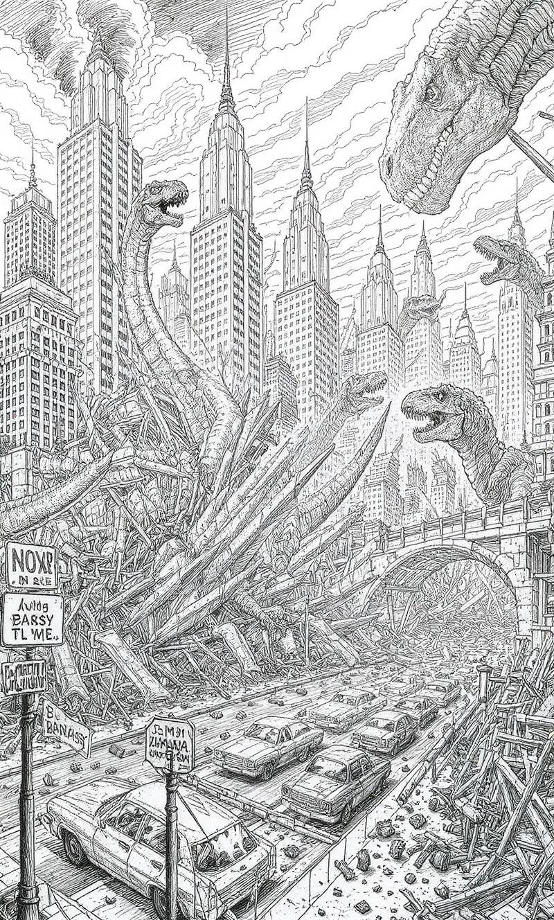 Página para colorear en arte lineal que muestra dinosaurios gigantes emergiendo de un montón de escombros en una calle abarrotada de la ciudad, con rascacielos elevándose por encima y coches abandonados en medio del tráfico.