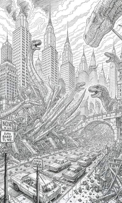 Página para colorear en arte lineal que muestra dinosaurios gigantes emergiendo de un montón de escombros en una calle abarrotada de la ciudad, con rascacielos elevándose por encima y coches abandonados en medio del tráfico.