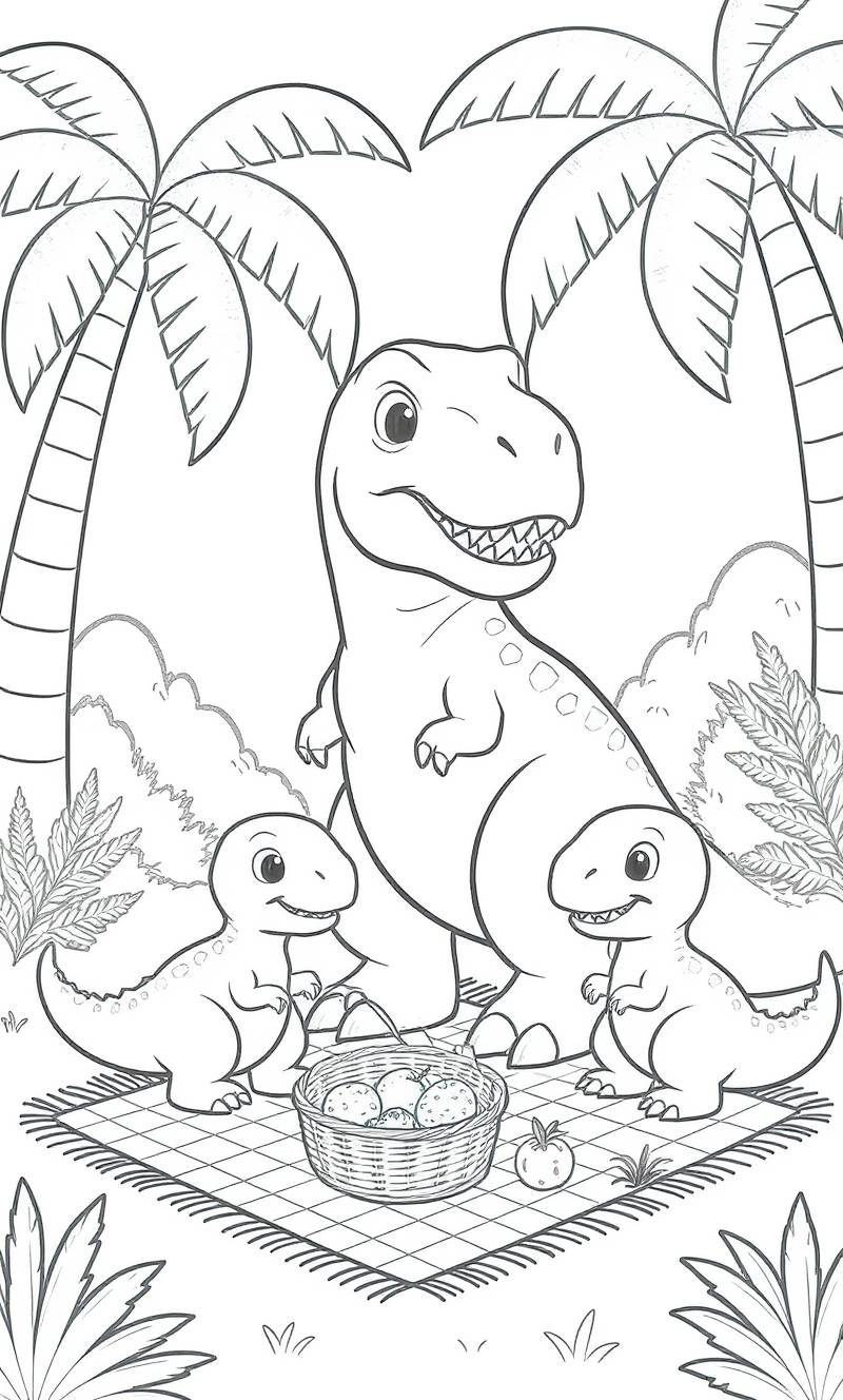 Página para colorear en blanco y negro de una familia de dinosaurios haciendo un picnic bajo palmeras.