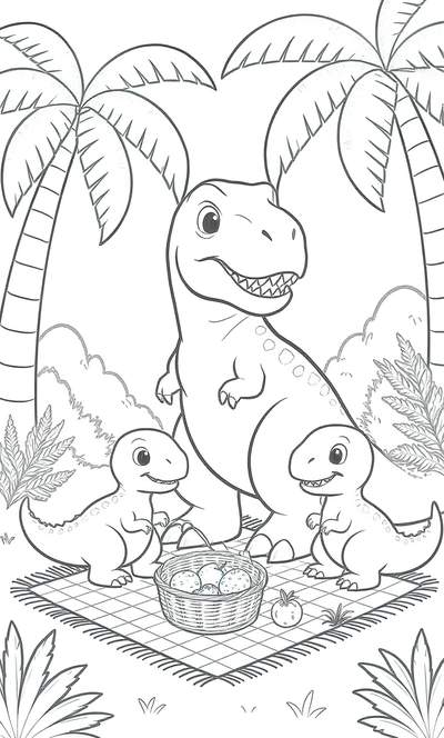 Página para colorear en blanco y negro de una familia de dinosaurios haciendo un picnic bajo palmeras.