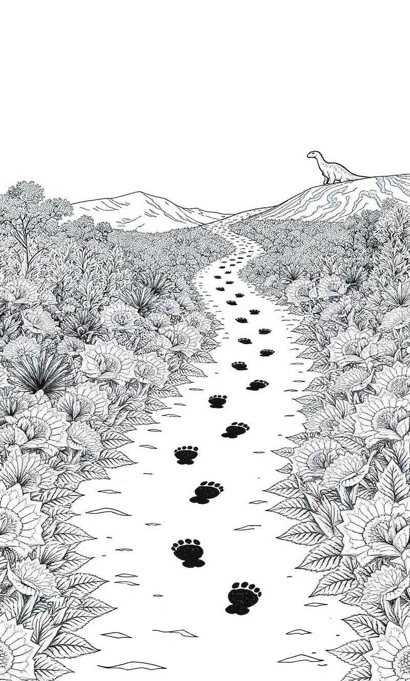 Dibujo en blanco y negro de huellas que serpentean entre hileras de flores hacia un dinosaurio que está de pie en una colina.