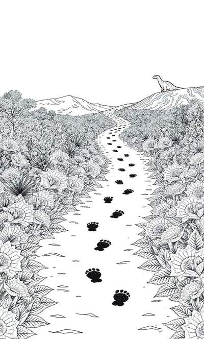 Dibujo en blanco y negro de huellas que serpentean entre hileras de flores hacia un dinosaurio que está de pie en una colina.