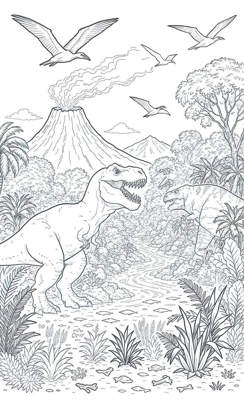 Página para colorear de arte lineal de dos Tyrannosaurus rex en una jungla densa con un volcán humeante y pterosaurios volando.