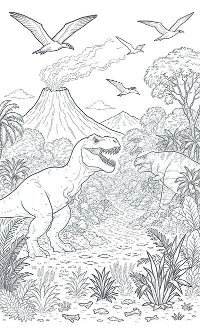 Página para colorear de arte lineal de dos Tyrannosaurus rex en una jungla densa con un volcán humeante y pterosaurios volando.