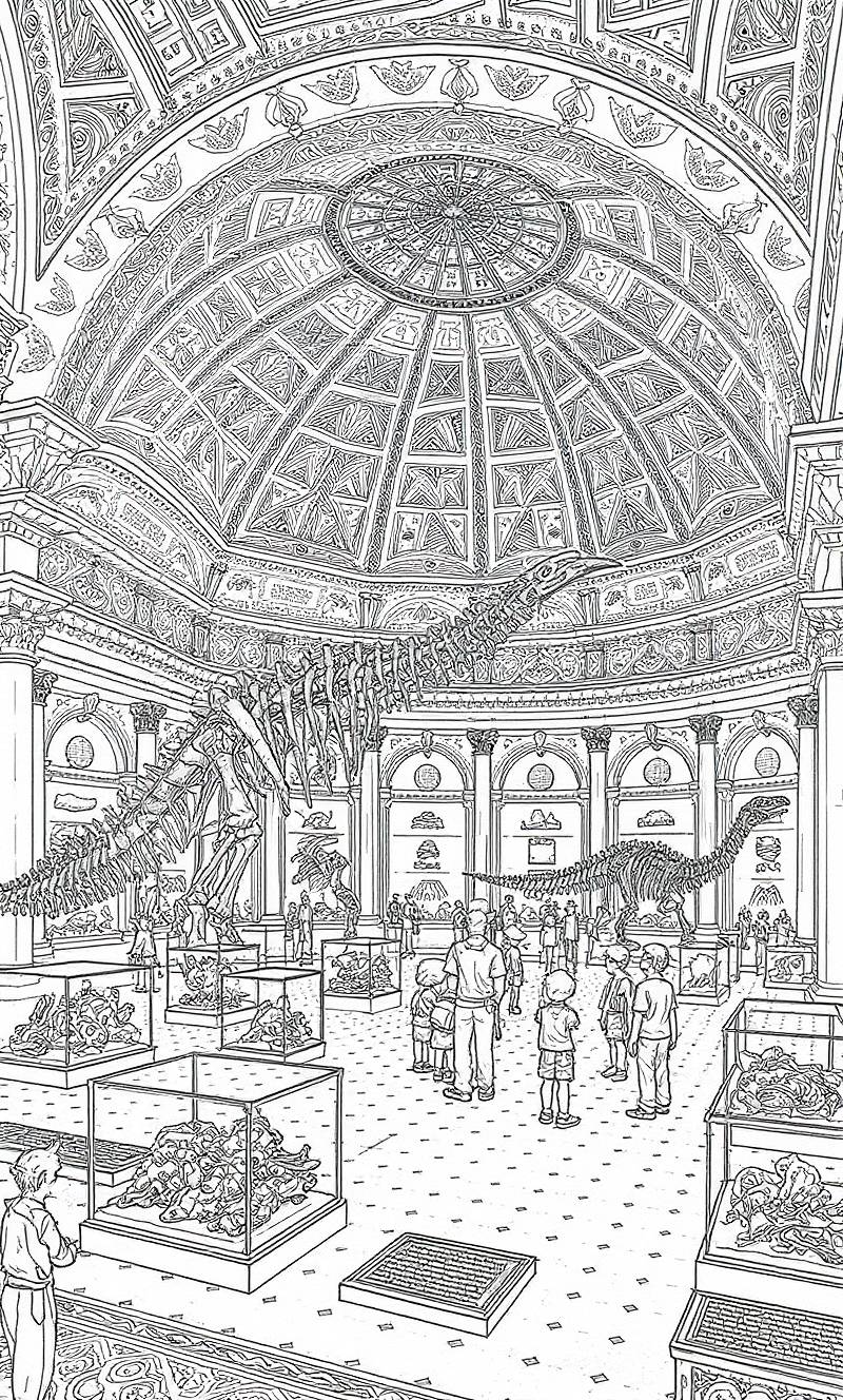 Arte lineal de una galería de museo con techo abovedado, exhibiciones de esqueletos de dinosaurios y visitantes paseando.
