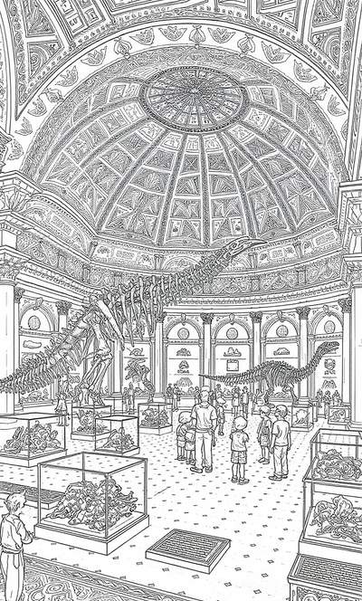 Arte lineal de una galería de museo con techo abovedado, exhibiciones de esqueletos de dinosaurios y visitantes paseando.