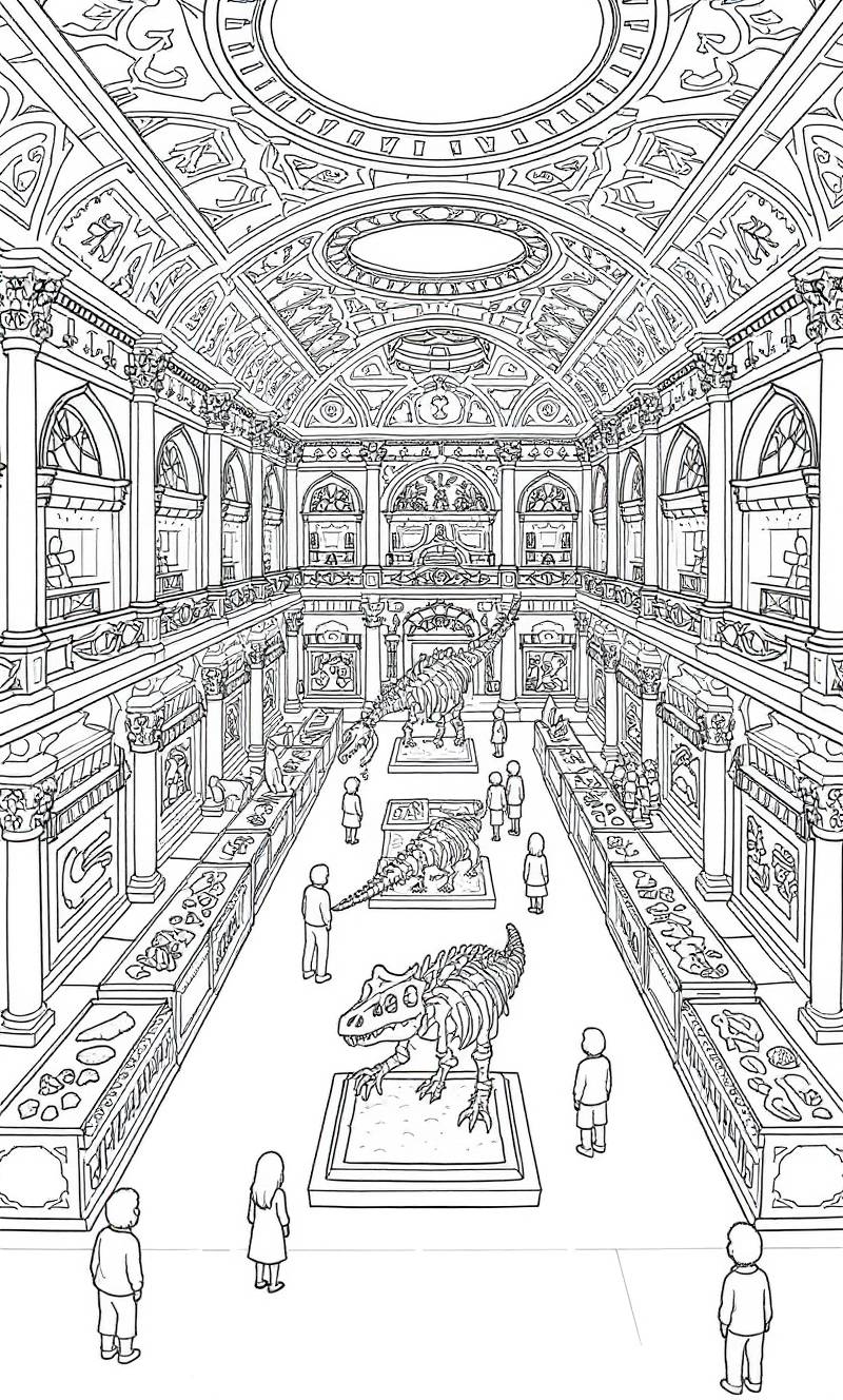 Dibujo lineal de un salón de museo ornamentado con esqueletos de dinosaurios y visitantes.