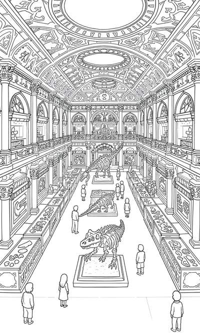 Dibujo lineal de un salón de museo ornamentado con esqueletos de dinosaurios y visitantes.