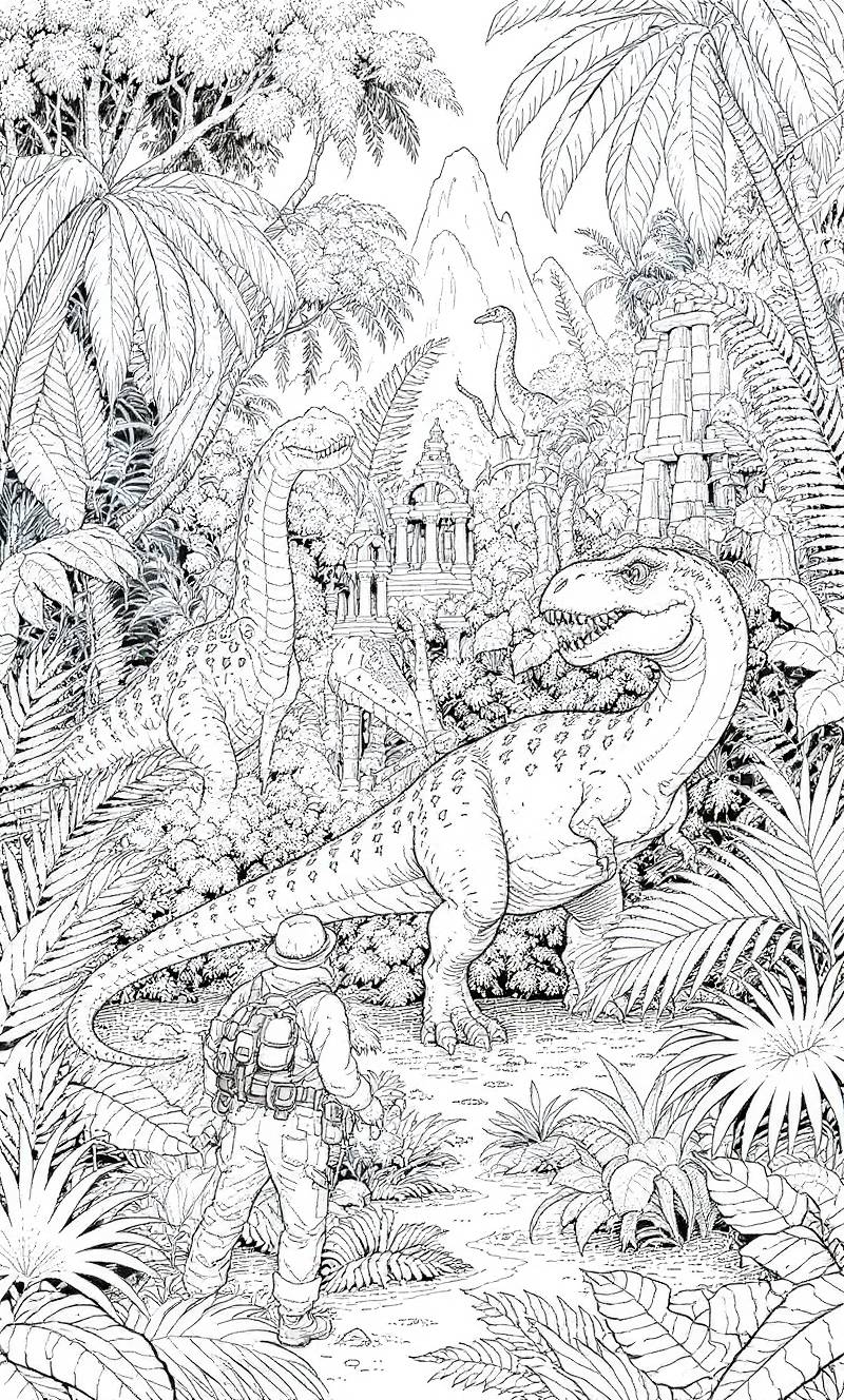 Dibujo lineal de un explorador frente a un gran dinosaurio en una selva densa con ruinas antiguas y otros dinosaurios.