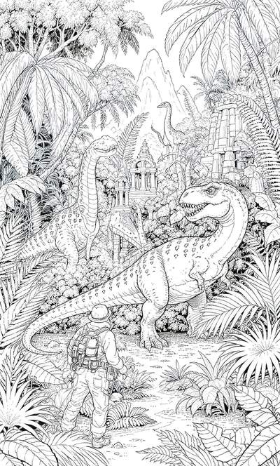 Dibujo lineal de un explorador frente a un gran dinosaurio en una selva densa con ruinas antiguas y otros dinosaurios.