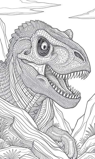 Arte lineal en blanco y negro de un Tyrannosaurus Rex rugiente emergiendo de un terreno rocoso, con patrones intrincados para colorear.