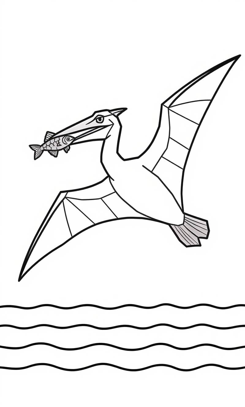 Dibujo lineal en blanco y negro de un pterodáctilo volando sobre olas estilizadas sosteniendo un pez en el pico.