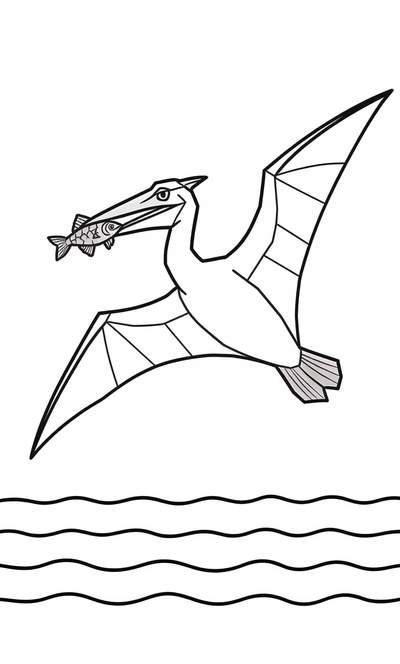 Dibujo lineal en blanco y negro de un pterodáctilo volando sobre olas estilizadas sosteniendo un pez en el pico.