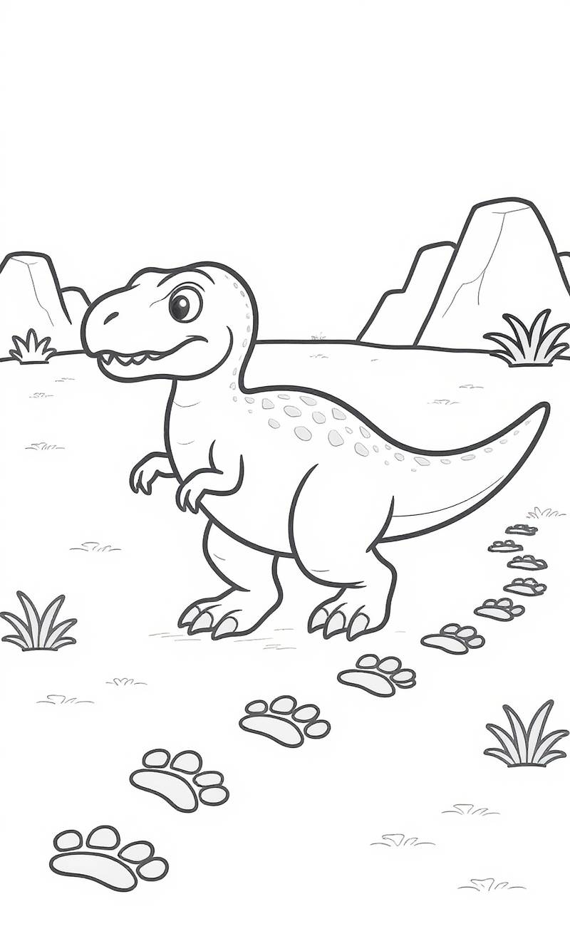 Dibujo lineal de un T-Rex sonriente de pie sobre un suelo cubierto de hierba, con un rastro de huellas de dinosaurio que se pierde en la distancia, enmarcado por colinas rocosas y plantas.