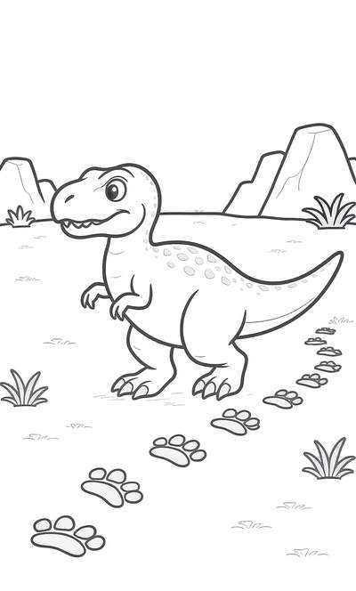 Dibujo lineal de un T-Rex sonriente de pie sobre un suelo cubierto de hierba, con un rastro de huellas de dinosaurio que se pierde en la distancia, enmarcado por colinas rocosas y plantas.
