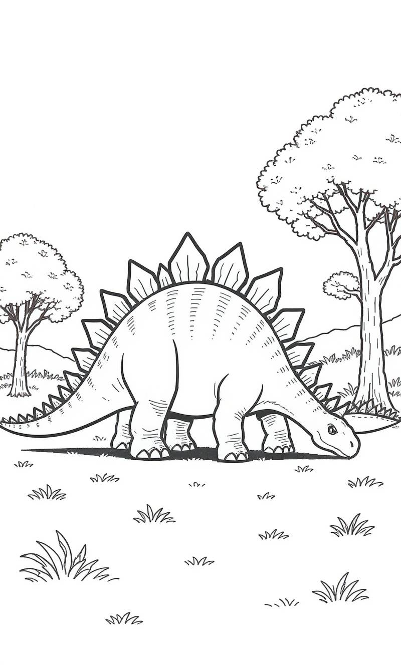Arte lineal en blanco y negro de un dinosaurio estegosaurio pastando hierba en una escena de bosque prehistórico.