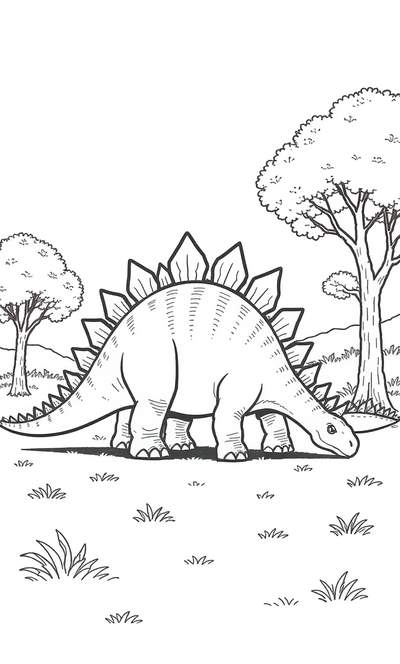 Arte lineal en blanco y negro de un dinosaurio estegosaurio pastando hierba en una escena de bosque prehistórico.